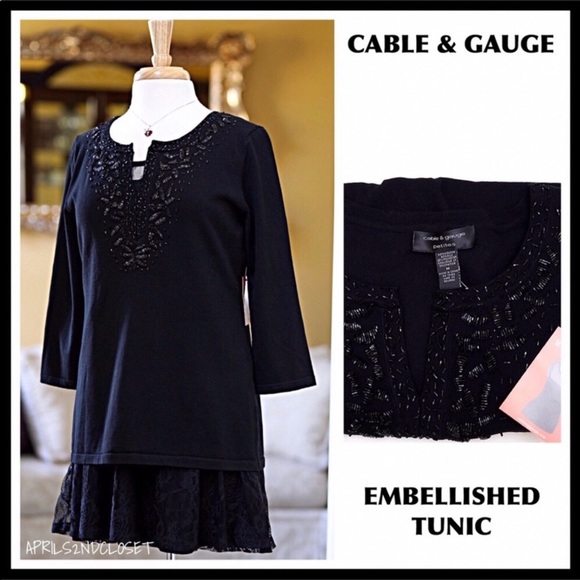 Cable & Gauge Tops - BLACK EMBELLISHED 3/4 SLEEVES KNIT TUNIC TOP A3C